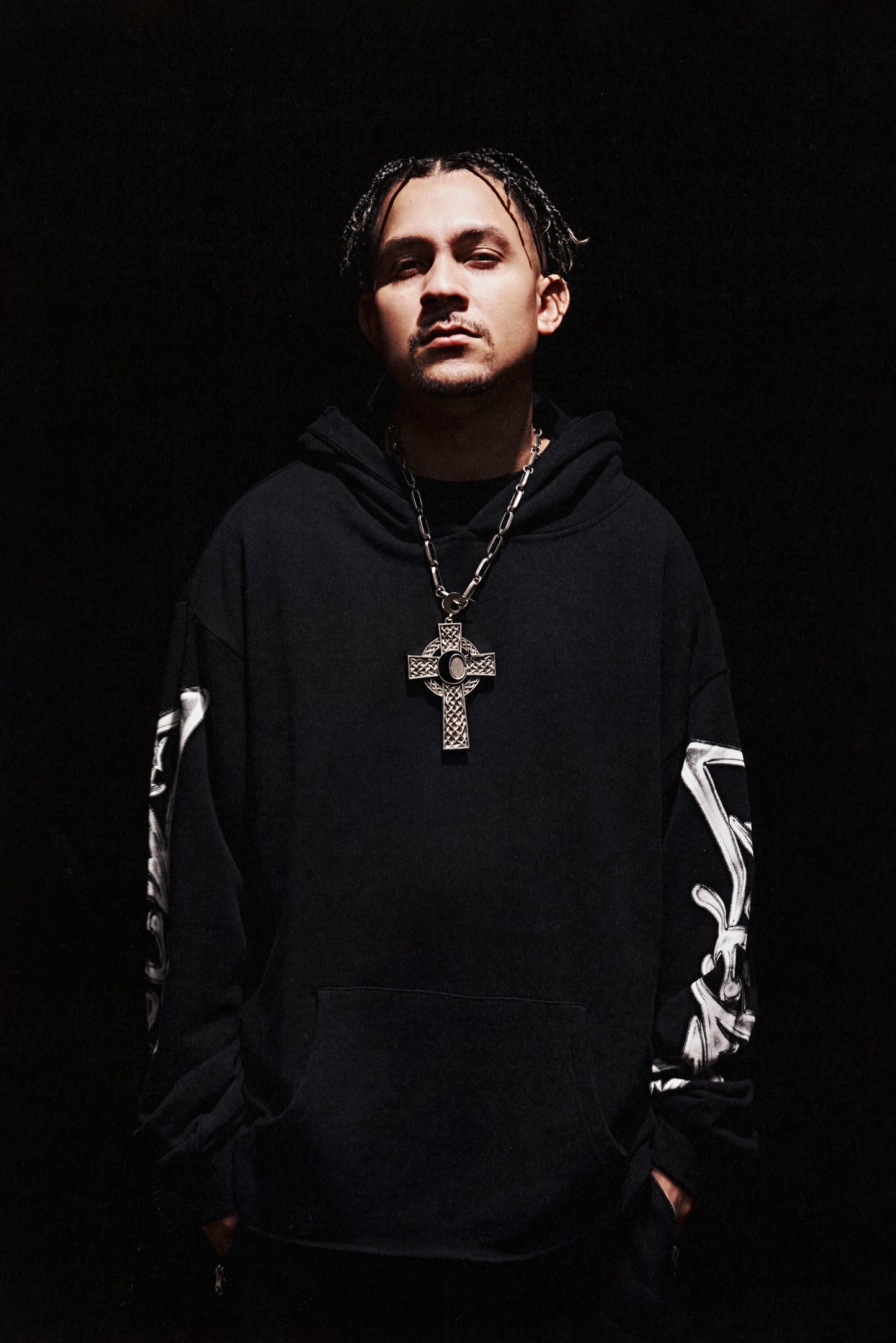Metallic Raw Edge Cross Hoodie